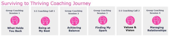 A chart, titled “Surviving to Thriving Coaching Journey”, showing steps in the virtual coaching program.