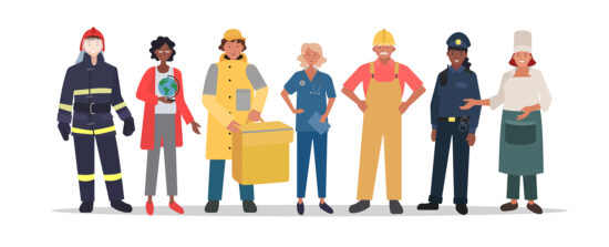 An illustration of adults dressed up in clothes representing various careers.