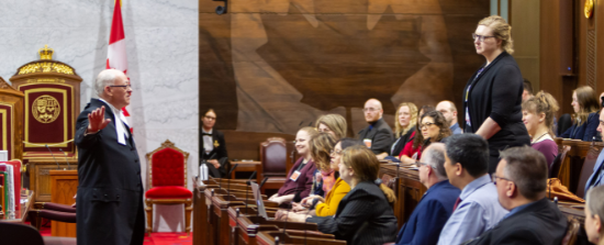 George Furey, Speaker of the Senate, engages with a group of teachers in the Senate chamber